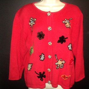 Berek Women's Size L Fall Cardigan Sweater Red w/ Leaf Designs Front Buttoned